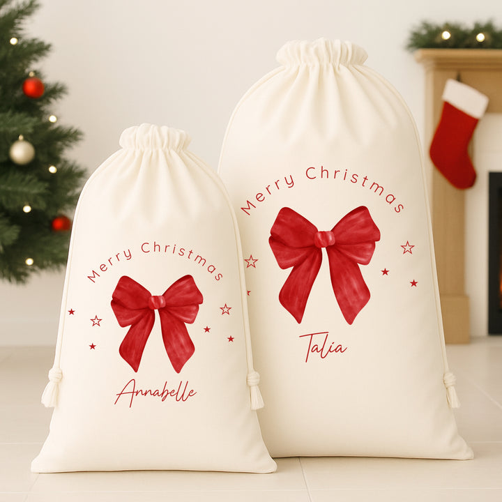 Personalised Red Bow Merry Christmas Canvas Santa Sack