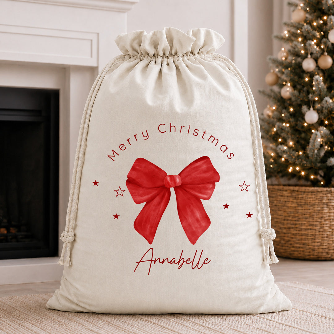 Personalised Red Bow Merry Christmas Velvet Santa Sack &amp; Stocking