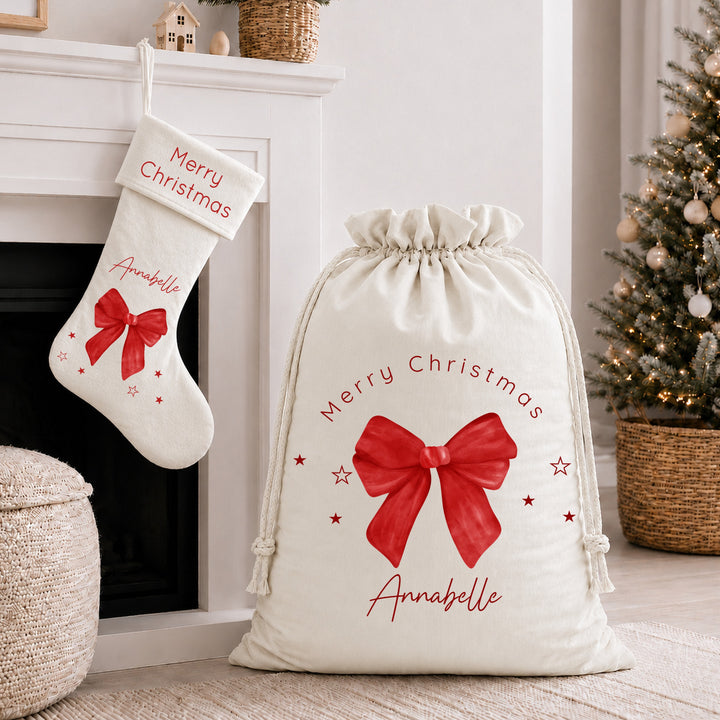 Personalised Red Bow Merry Christmas Velvet Santa Sack &amp; Stocking
