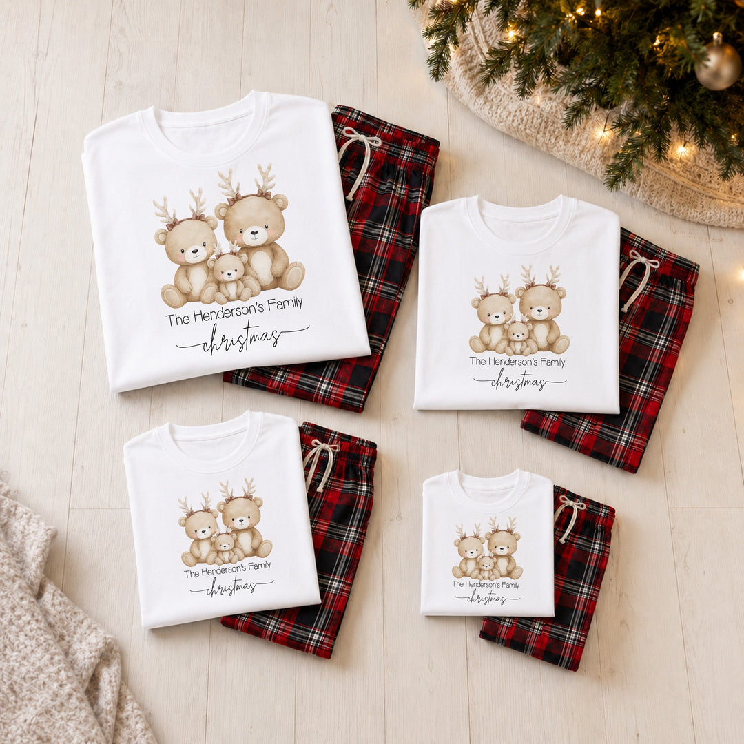 Personalised Family Bear Matching Tartan Christmas Pyjamas