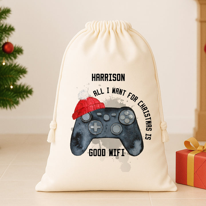 Personalised I Want Good Wifi For Christmas Canvas Santa Sack