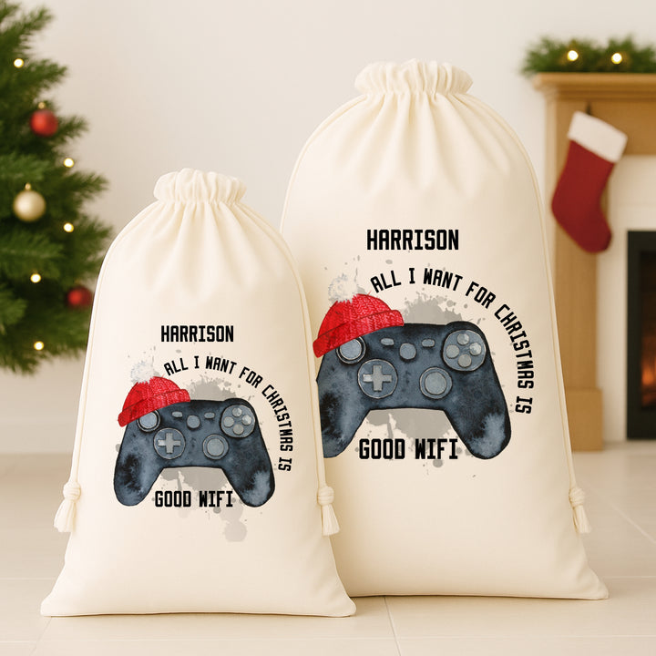 Personalised I Want Good Wifi For Christmas Canvas Santa Sack