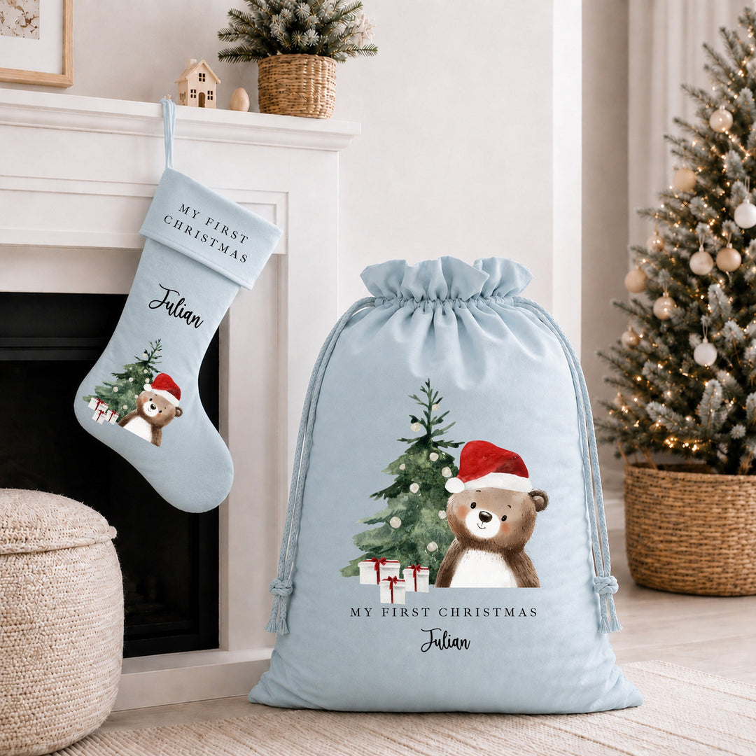 Personalised Brown Bear My First Christmas Santa Sack or Stocking