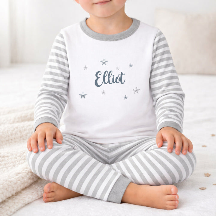 Personalised Silver Snowflake Grey Striped Christmas Pyjamas