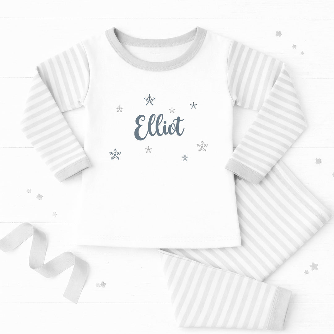 Personalised Silver Snowflake Grey Striped Christmas Pyjamas