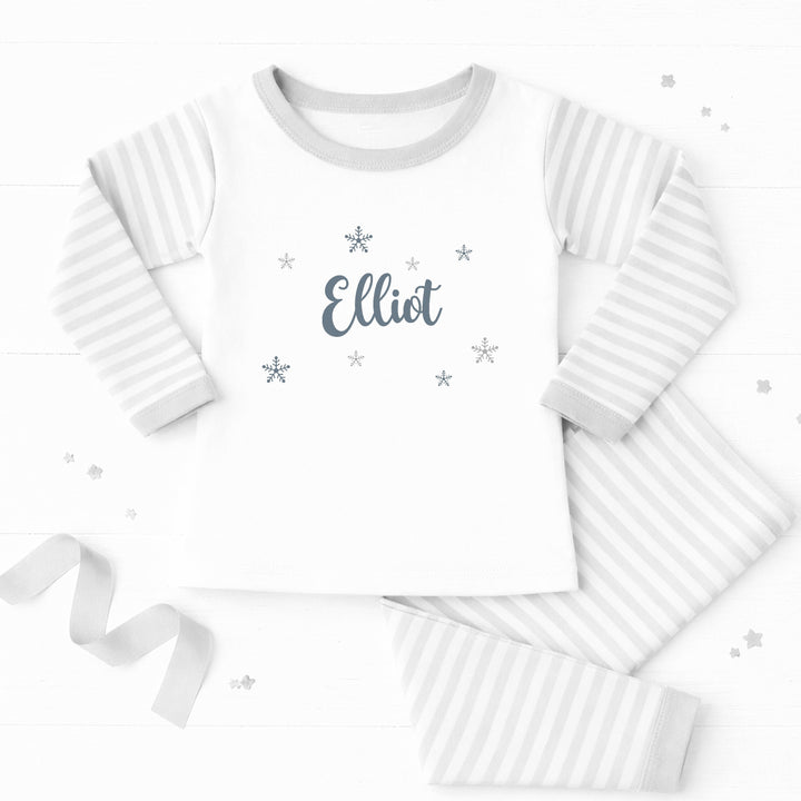 Personalised Silver Snowflake Grey Striped Christmas Pyjamas