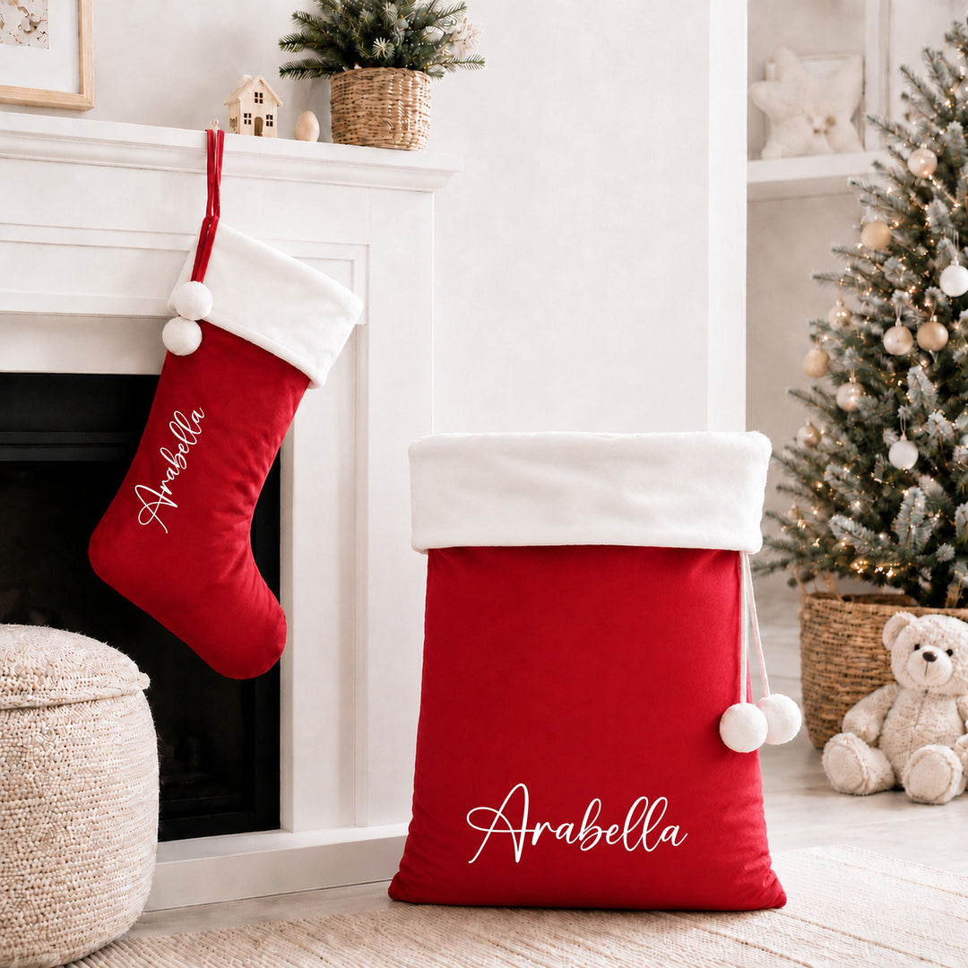 Personalised Fur Trim Christmas Name Stocking or Santa Sack
