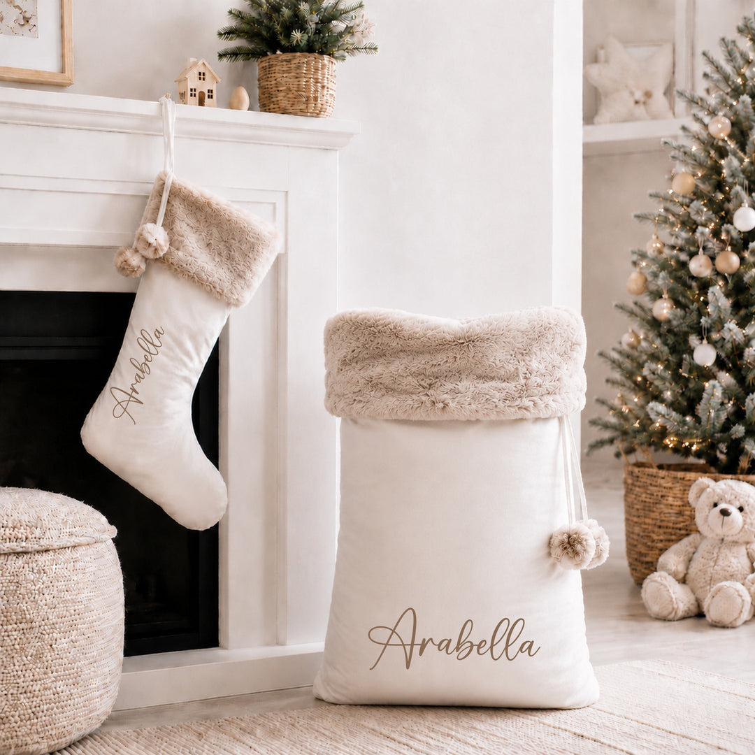 Personalised Fur Trim Christmas Name Stocking or Santa Sack
