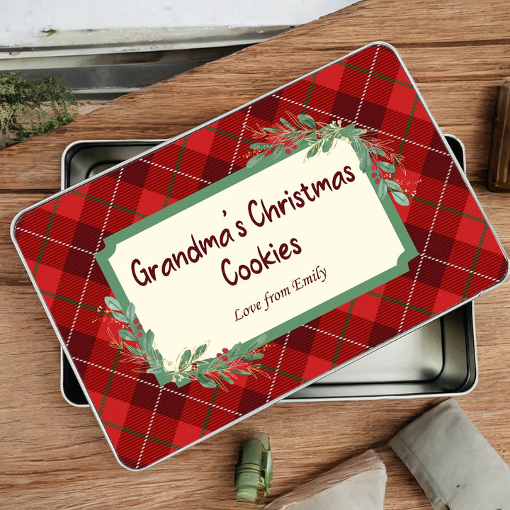 Personalised Red Tartan Christmas Cookie Gift Tin