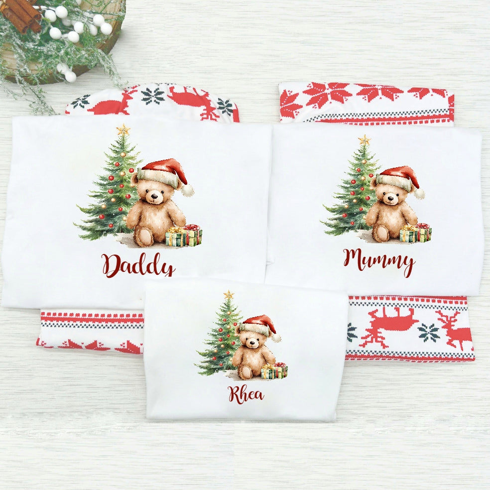 Personalised Red Teddy Tree Family Matching Reindeer Christmas Pyjamas