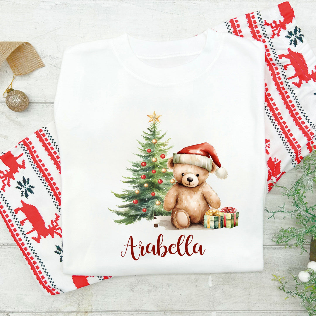 Personalised Red Teddy Tree Family Matching Reindeer Christmas Pyjamas