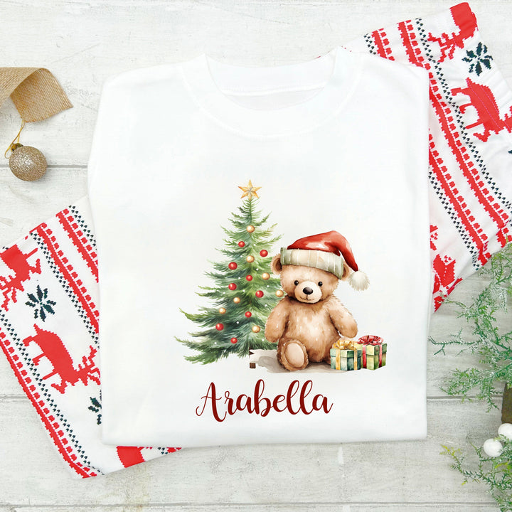Personalised Red Teddy Tree Family Matching Reindeer Christmas Pyjamas