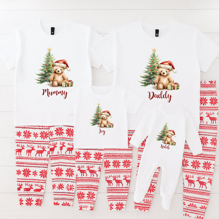Personalised Red Teddy Tree Family Matching Reindeer Christmas Pyjamas