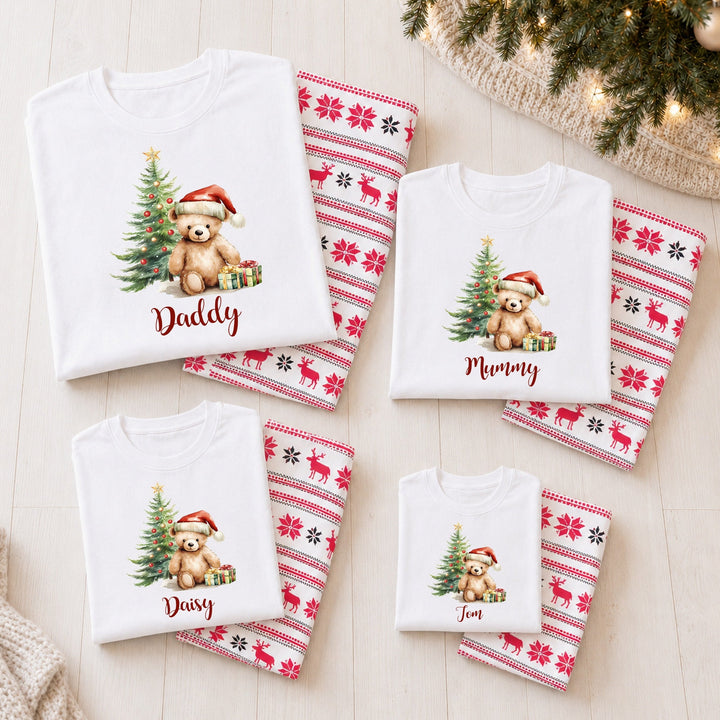 Personalised Red Teddy Tree Family Matching Reindeer Christmas Pyjamas