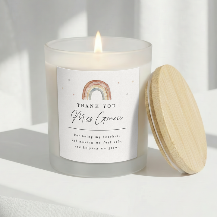 Personalised Pastel Rainbow Thank You Teacher Gift Candle &amp; Box