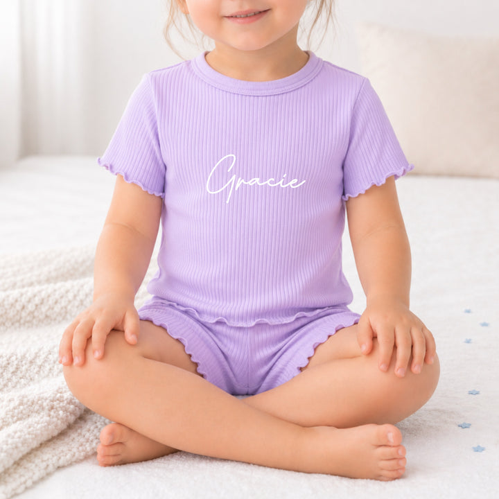 Personalised Script Name Girls Frilly Ribbed Shorts Set