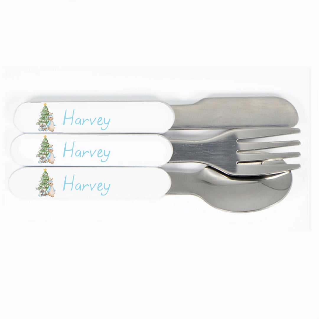 Personalised Blue Rabbit Christmas Place Mat With Optional Cutlery and Mug