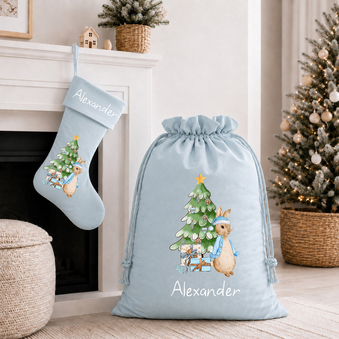 Personalised Blue Rabbit Christmas Stocking or Santa Sack
