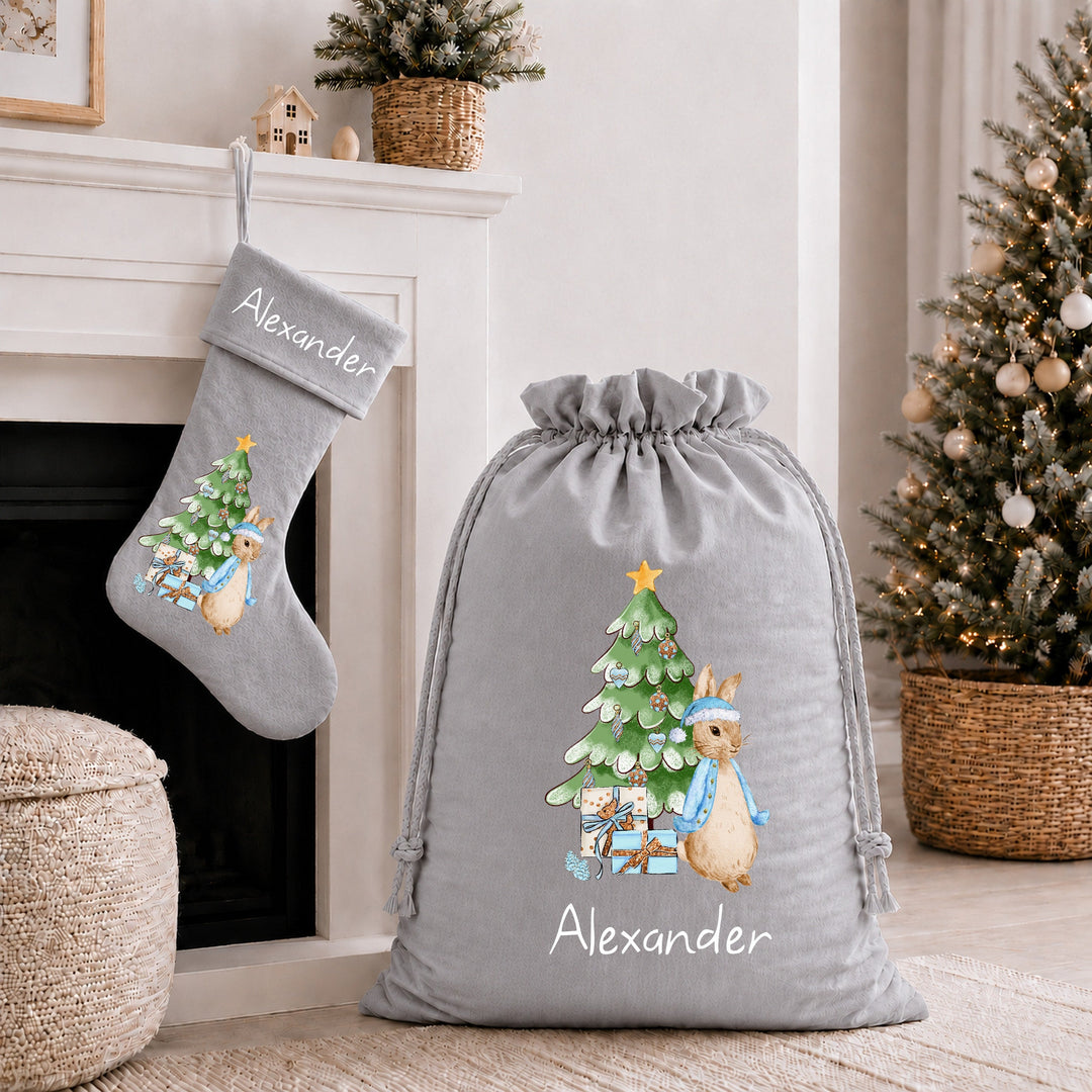 Personalised Blue Rabbit Christmas Stocking or Santa Sack