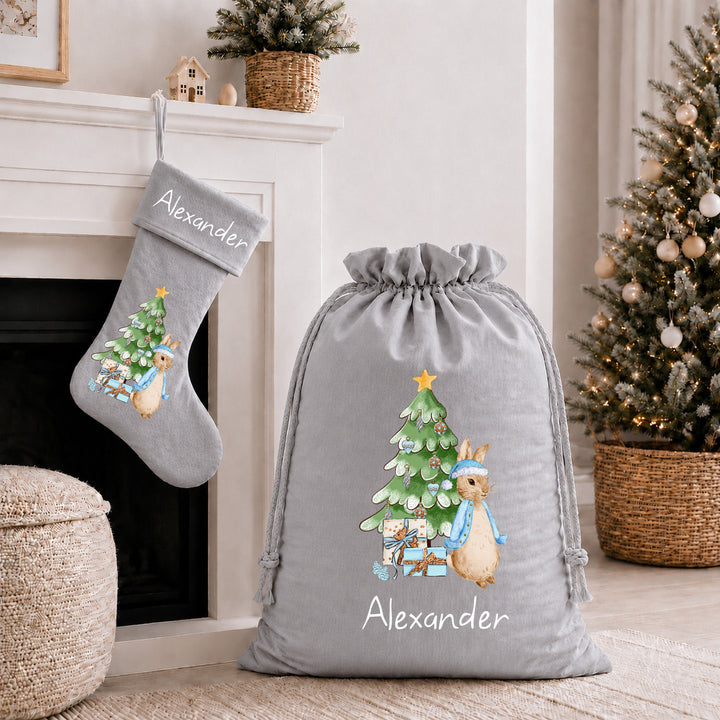 Personalised Blue Rabbit Christmas Stocking or Santa Sack