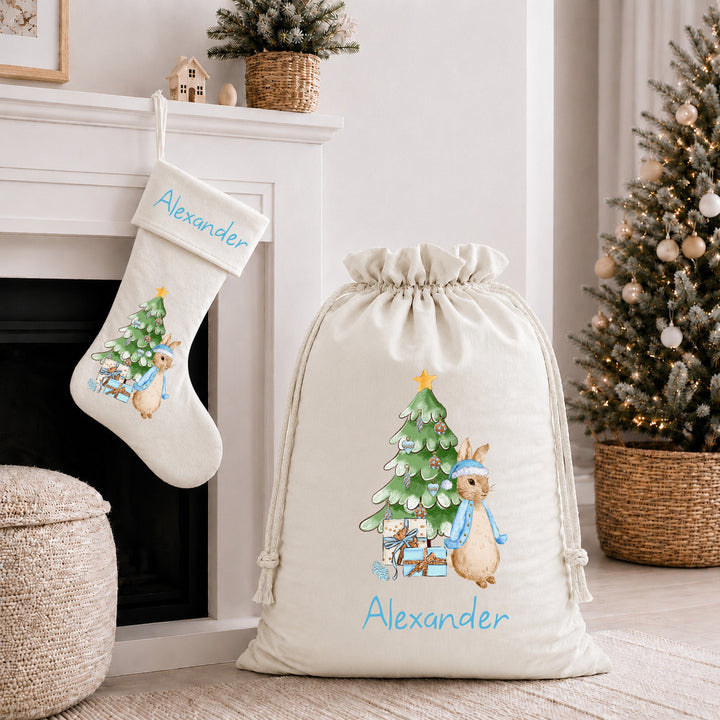 Personalised Blue Rabbit Christmas Stocking or Santa Sack
