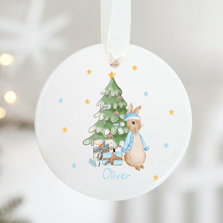 Personalised Blue Rabbit Tree Ceramic Christmas Bauble