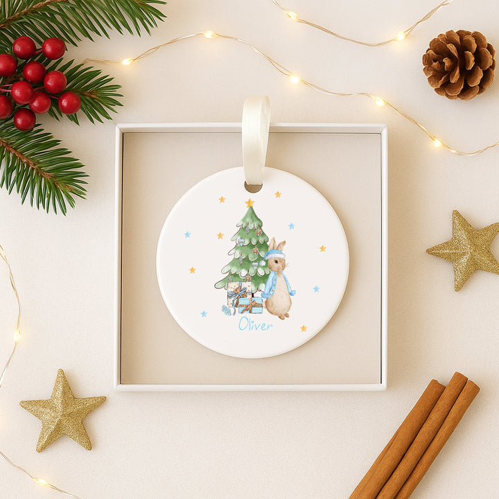 Personalised Blue Rabbit Tree Ceramic Christmas Bauble