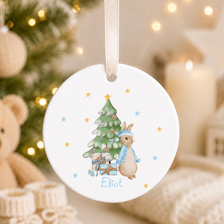Personalised Blue Rabbit Tree Ceramic Christmas Bauble