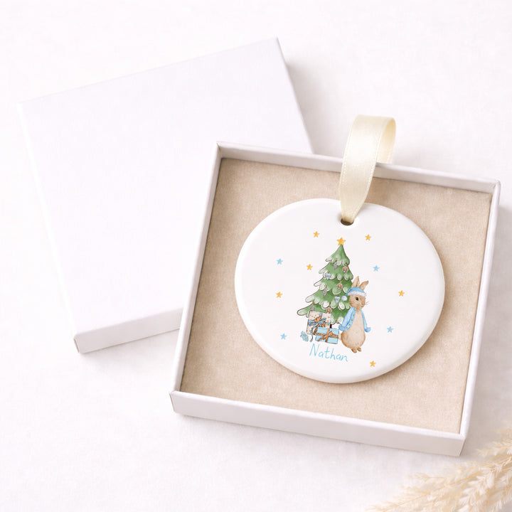 Personalised Blue Rabbit Tree Ceramic Christmas Bauble