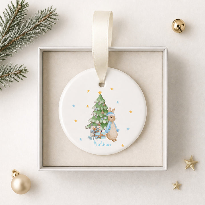 Personalised Blue Rabbit Tree Ceramic Christmas Bauble