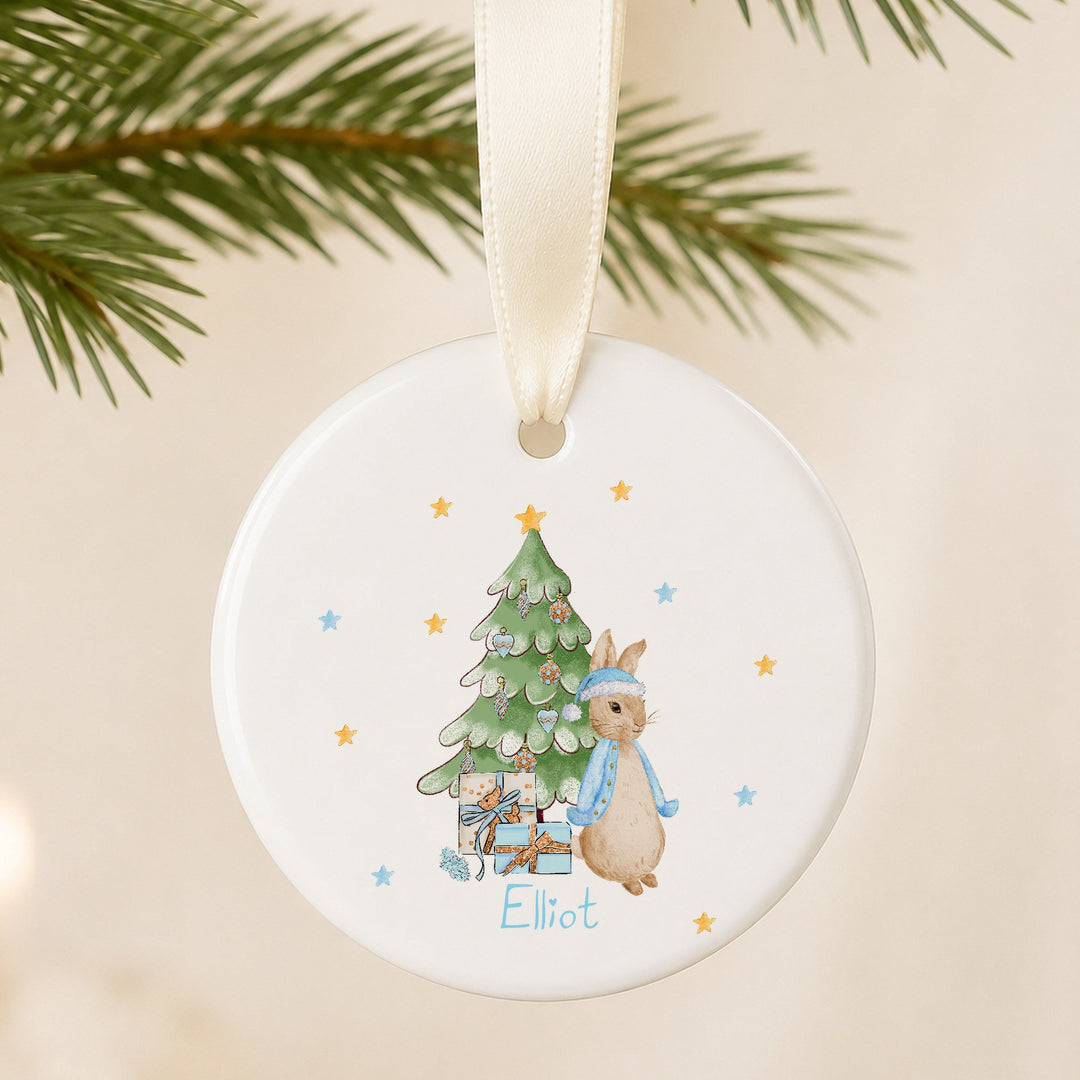 Personalised Blue Rabbit Tree Ceramic Christmas Bauble