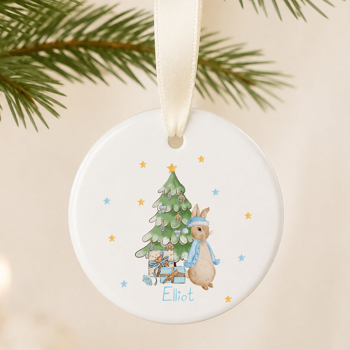 Personalised Blue Rabbit Tree Ceramic Christmas Bauble