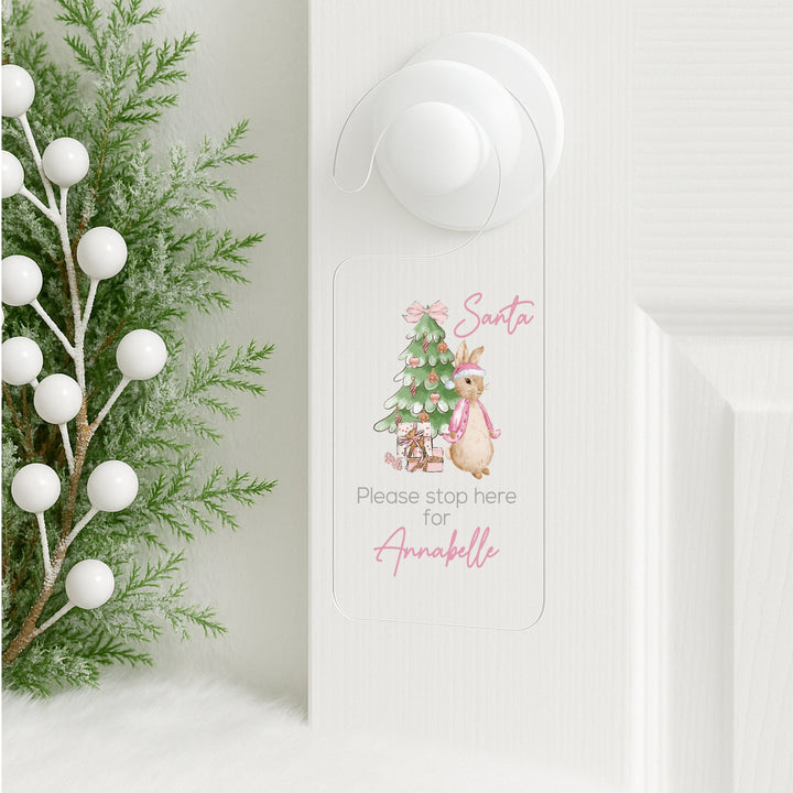 Personalised Pink Rabbit Santa Stop Here Door Sign
