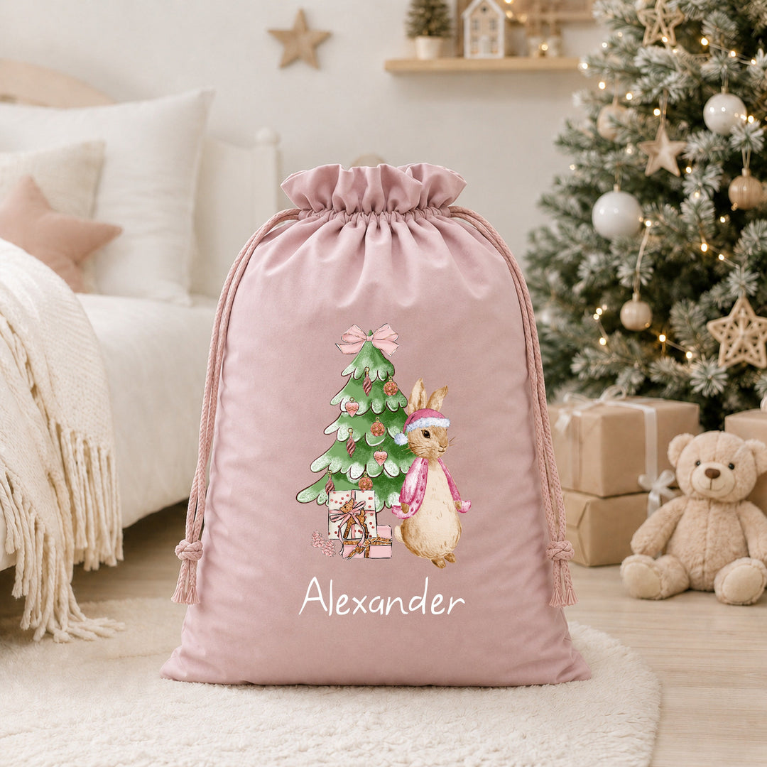 Personalised Pink Rabbit Christmas Tree Stocking or Santa Sacks