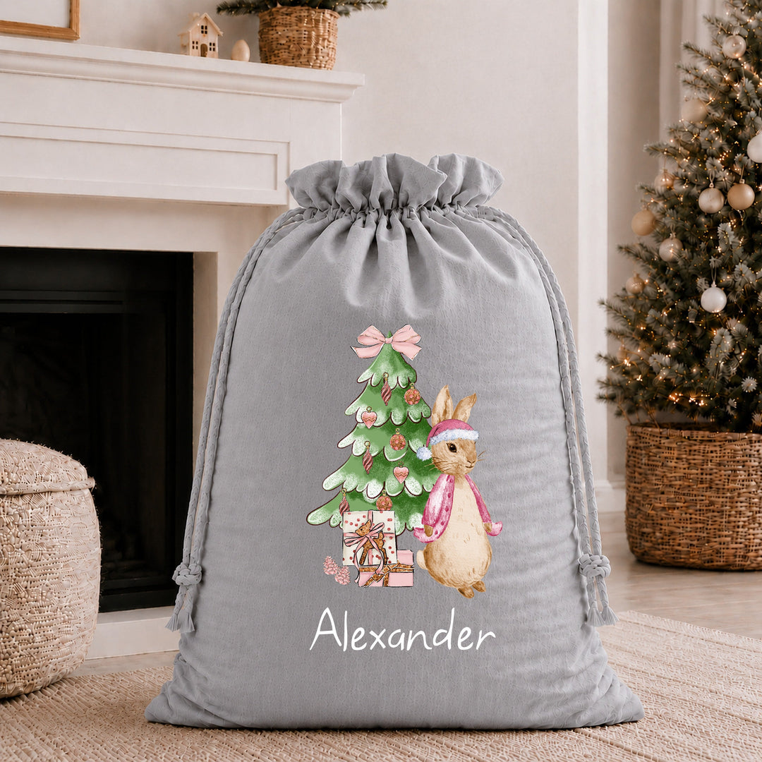 Personalised Pink Rabbit Christmas Tree Stocking or Santa Sacks