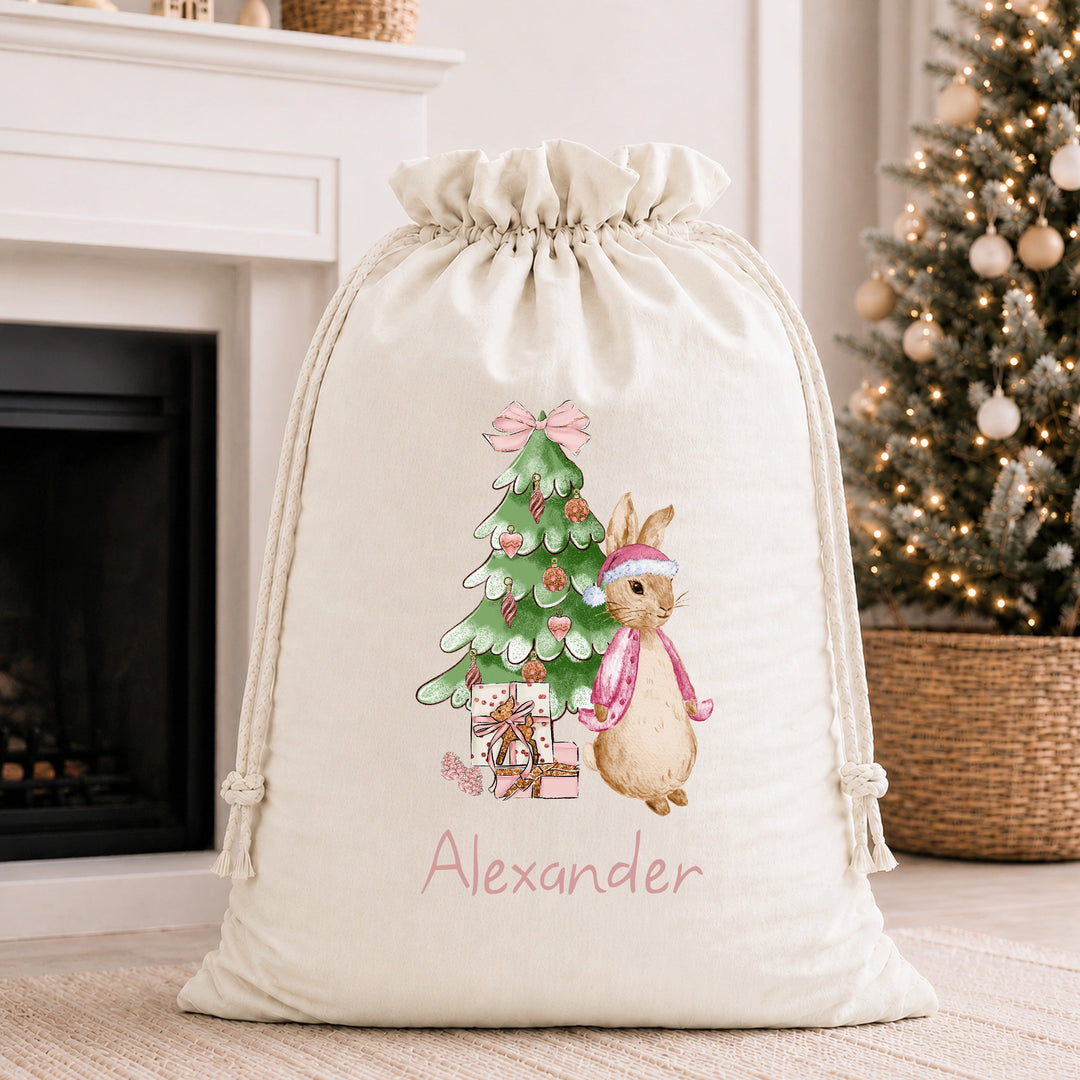 Personalised Pink Rabbit Christmas Tree Stocking or Santa Sacks