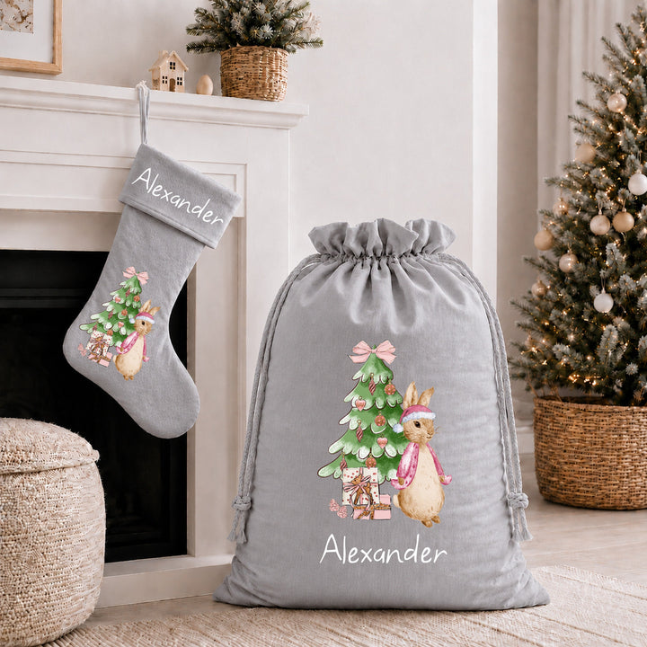 Personalised Pink Rabbit Christmas Tree Stocking or Santa Sacks