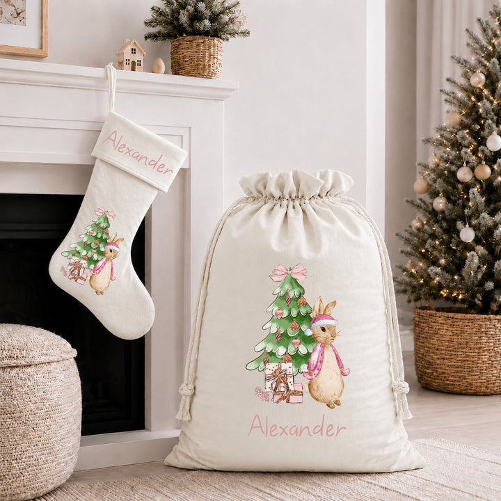 Personalised Pink Rabbit Christmas Tree Stocking or Santa Sacks
