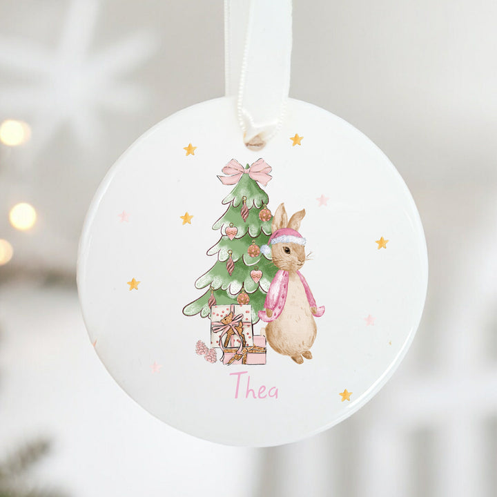 Personalised Pink Rabbit Tree Ceramic Christmas Bauble