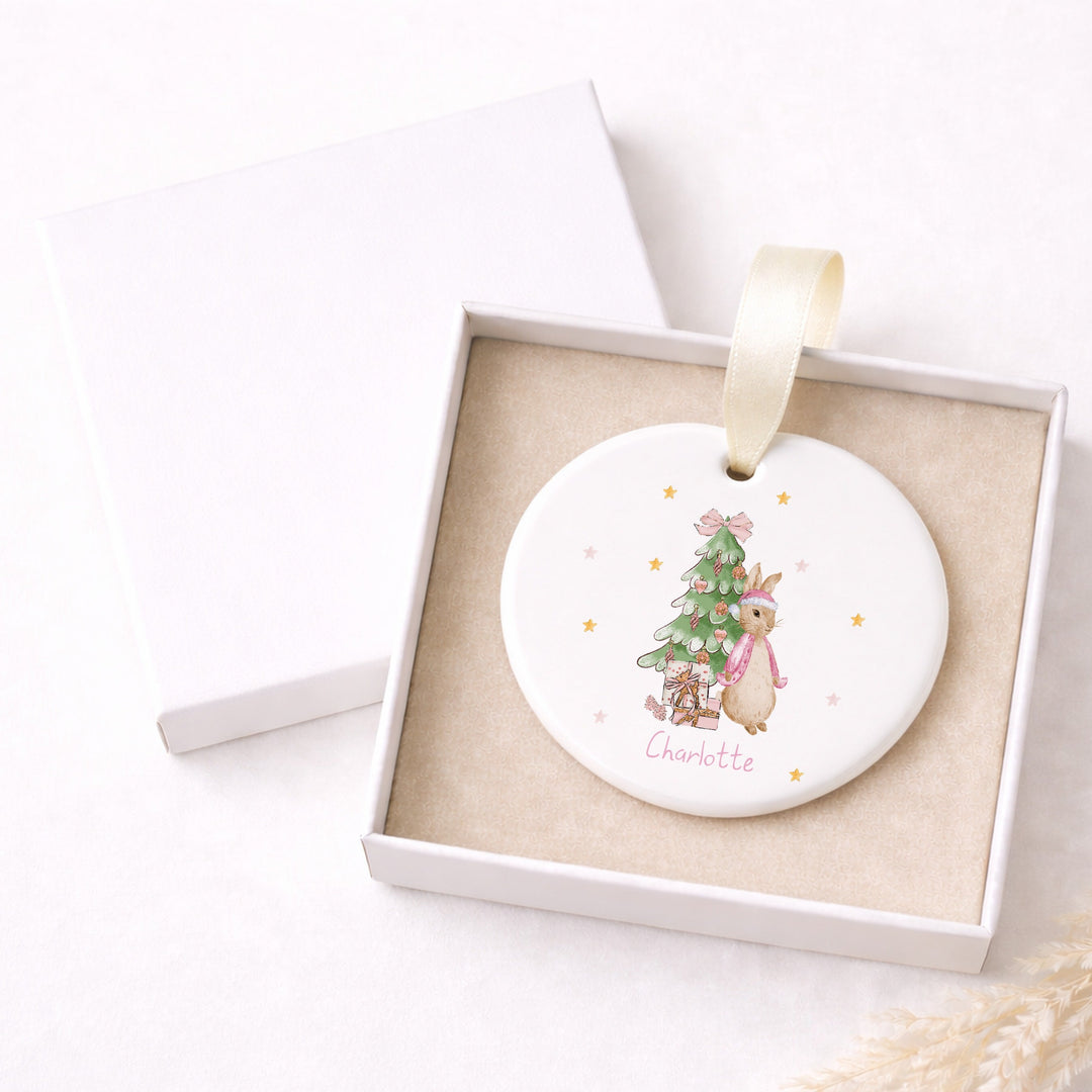 Personalised Pink Rabbit Tree Ceramic Christmas Bauble