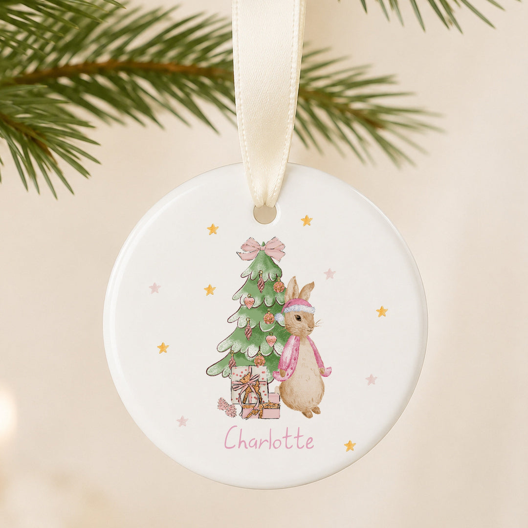 Personalised Pink Rabbit Tree Ceramic Christmas Bauble