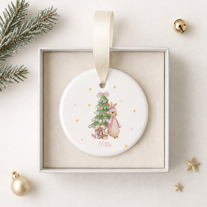 Personalised Pink Rabbit Tree Ceramic Christmas Bauble