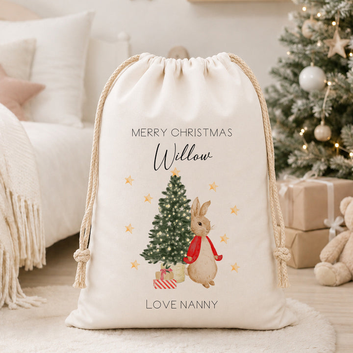 Personalised Merry Christmas Rabbit Canvas Santa Sack