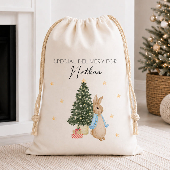 Personalised Merry Christmas Rabbit Canvas Santa Sack