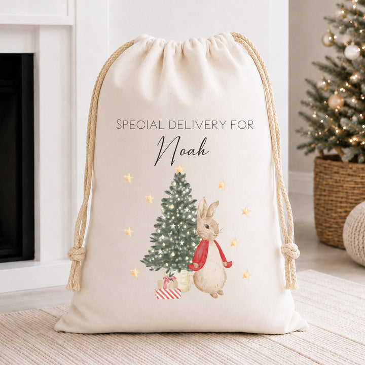 Personalised Merry Christmas Rabbit Canvas Santa Sack