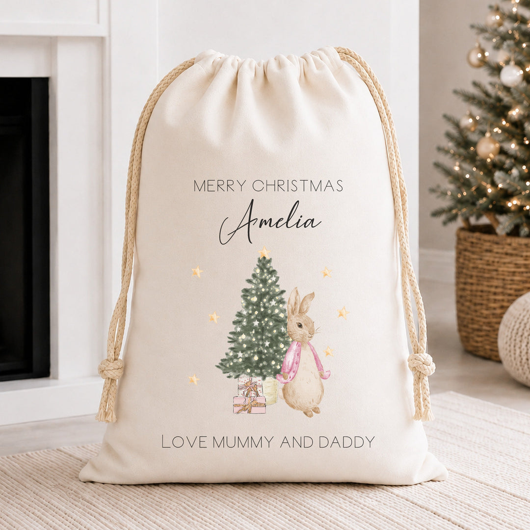 Personalised Merry Christmas Rabbit Canvas Santa Sack