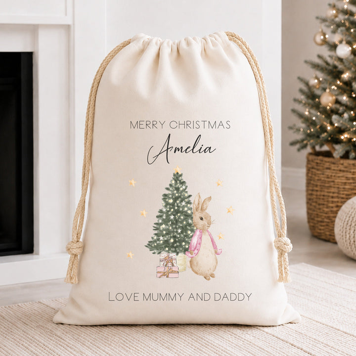 Personalised Merry Christmas Rabbit Canvas Santa Sack