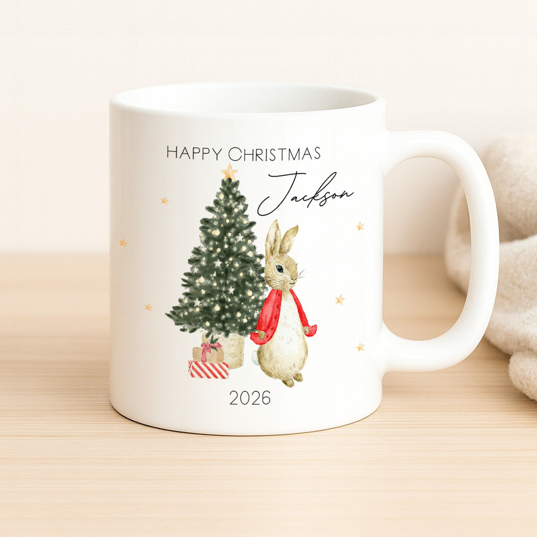 Personalised Red Rabbit Happy Christmas Mug
