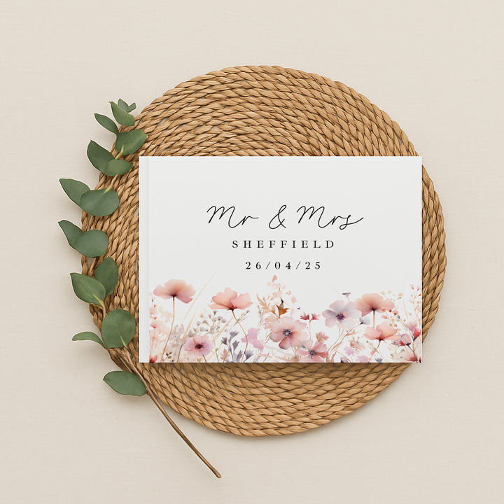 Personalised Pink Flowers Wedding Day Guest Book