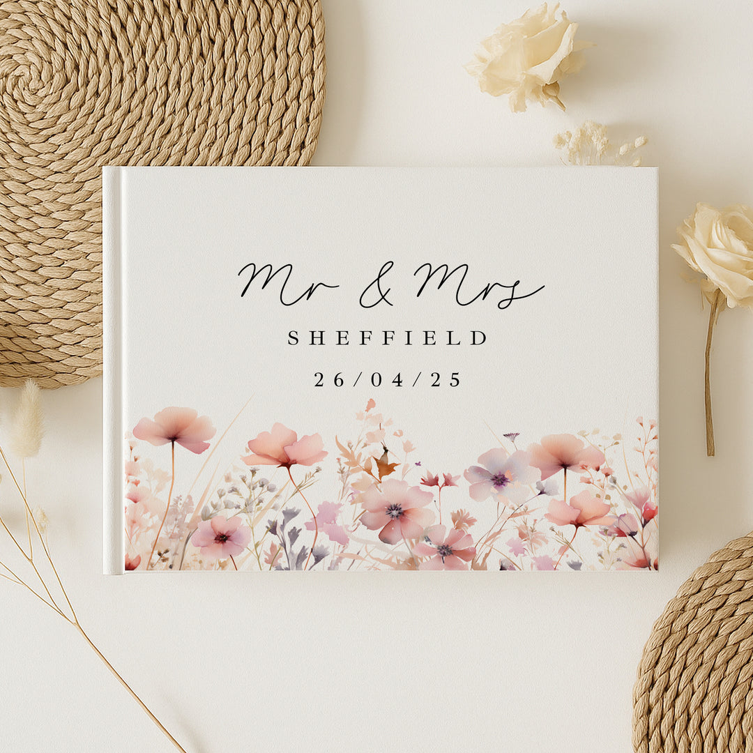 Personalised Pink Flowers Wedding Day Guest Book